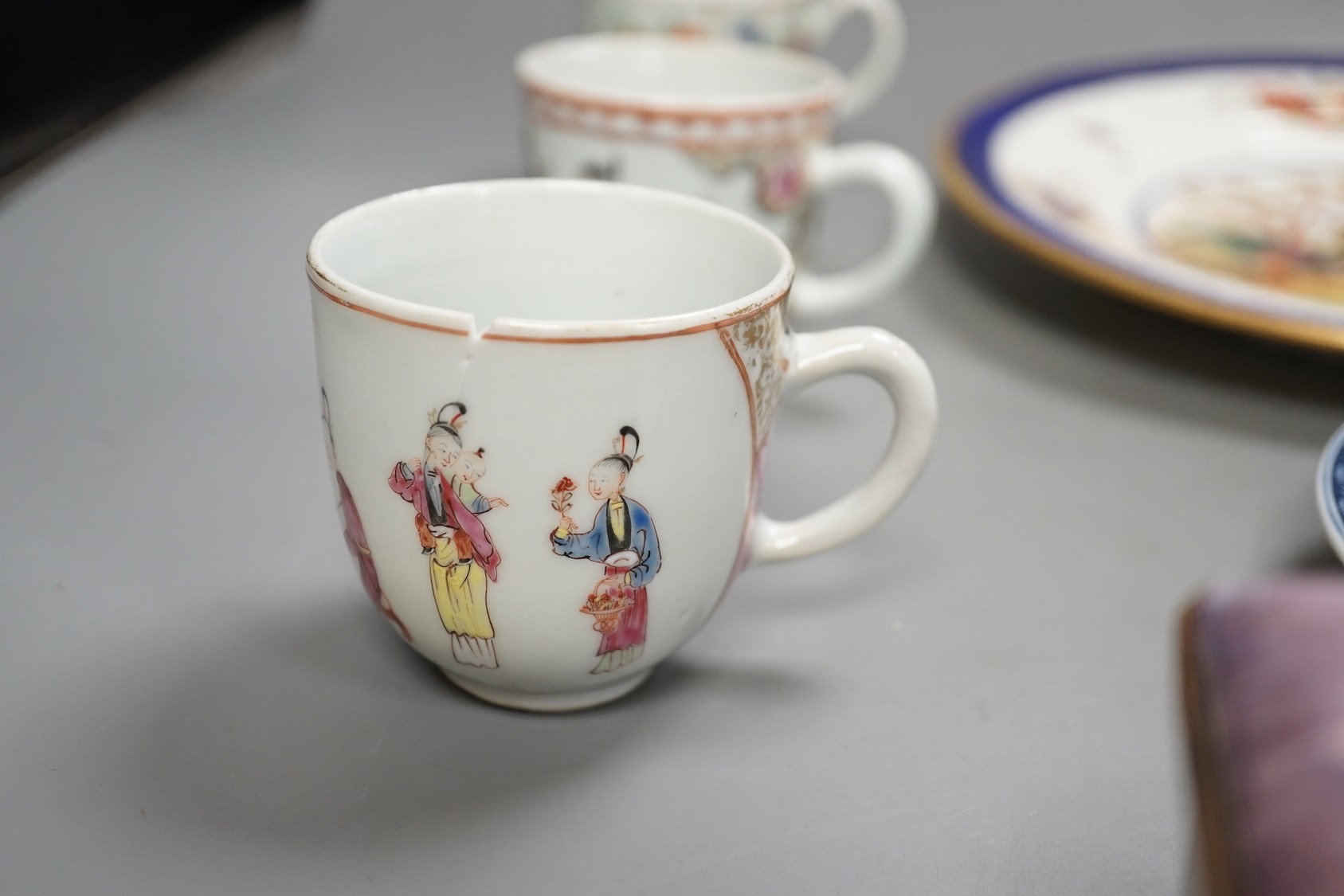 A 19th century enamel on copper trinket box, depicting a shipping fleet, together with a Chamberlain’s Worcester bird plate, a Royal Worcester coffee cup, a Meissen tea cup and three Chinese export cups (9)